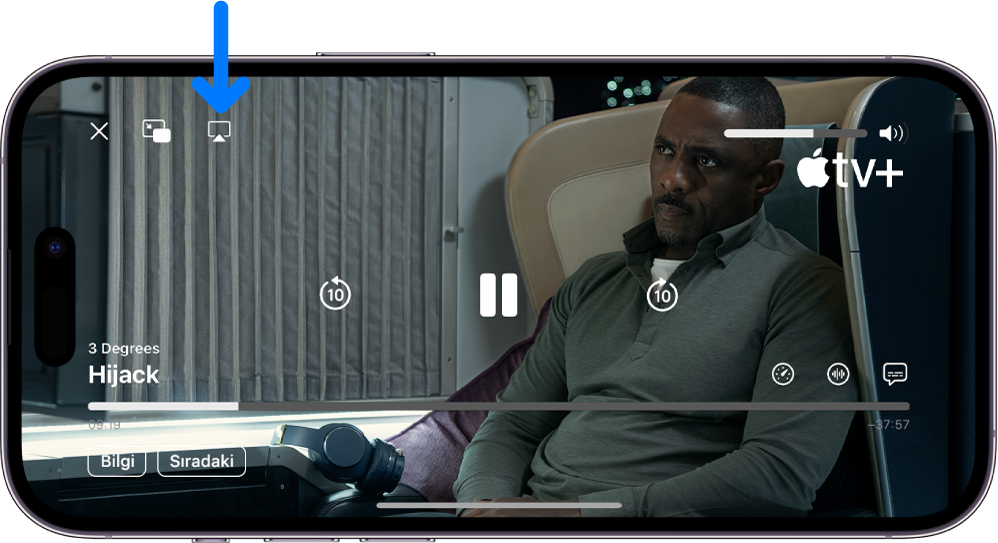 iPhone ekranında bir film oynatılıyor. Ekranın ortasında oynatma denetimleri var. AirPlay düğmesi sol üst tarafta.