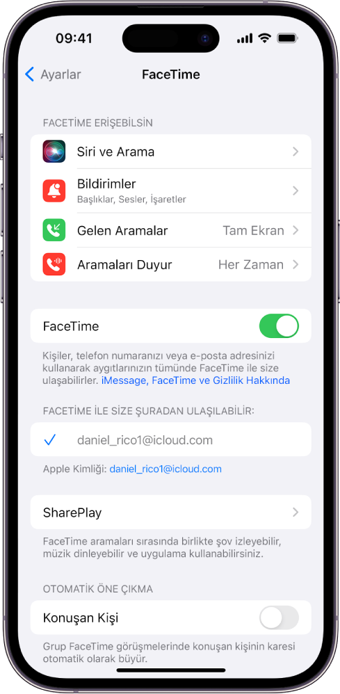 FaceTime’ı açma veya kapatma anahtarını ve FaceTime için Apple kimliğinizi girdiğiniz alanı gösteren FaceTime Ayarları ekranı.