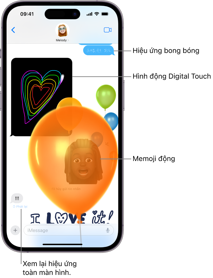 Một cuộc hội thoại Tin nhắn có các hiệu ứng bong bóng và toàn màn hình, cũng như các hình động: Digital Touch và một tin nhắn viết tay.