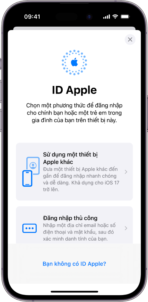 Màn hình đăng nhập ID Apple trên màn hình với các tùy chọn để đăng nhập bằng một thiết bị Apple khác, đăng nhập thủ công hoặc không có ID Apple.