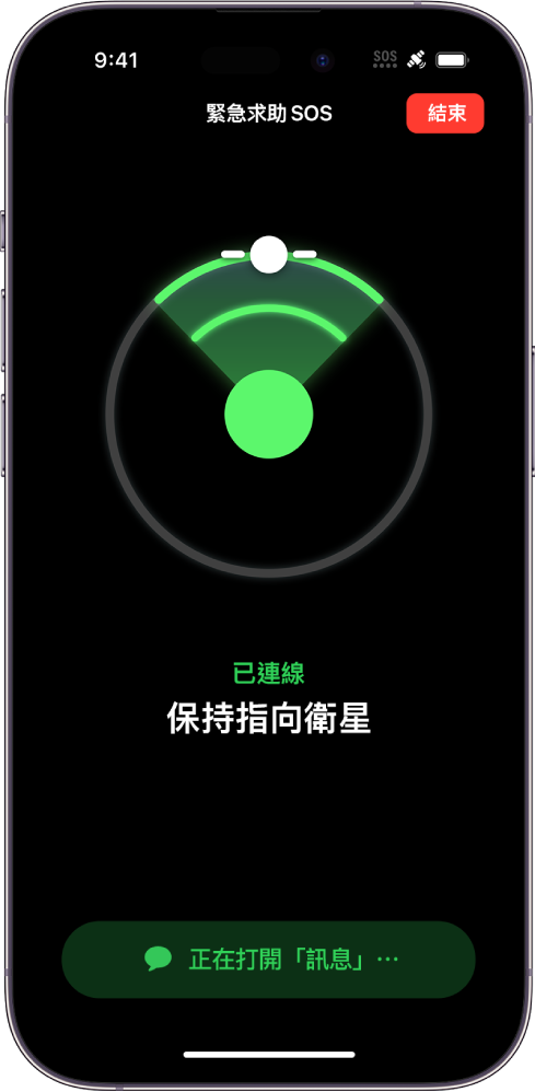 「緊急求助 SOS」畫面，顯示電話已連線並指示用户繼續指向衛星。「正在打開『訊息』」按鈕位於螢幕底部。