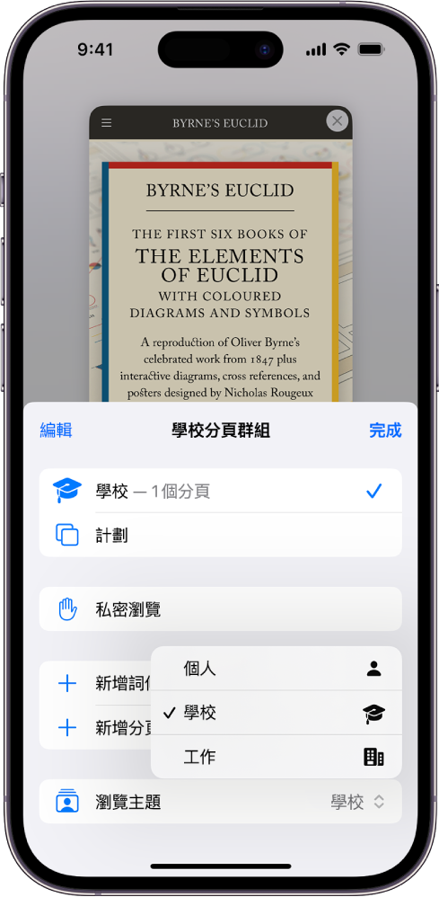 iPhone 畫面顯示「分頁群組」，其中已開啟「分頁群組」選單。在選單底部，已選取「瀏覽主題」，選單顯示「個人」、「學校」和「工作」的瀏覽主題。目前已選取「學校」瀏覽主題。