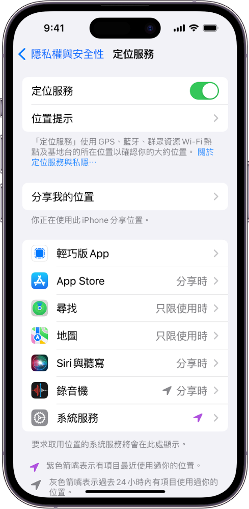 「定位服務」畫面，其中有用於分享 iPhone 位置的設定，包括用於個別 App 的自訂設定。