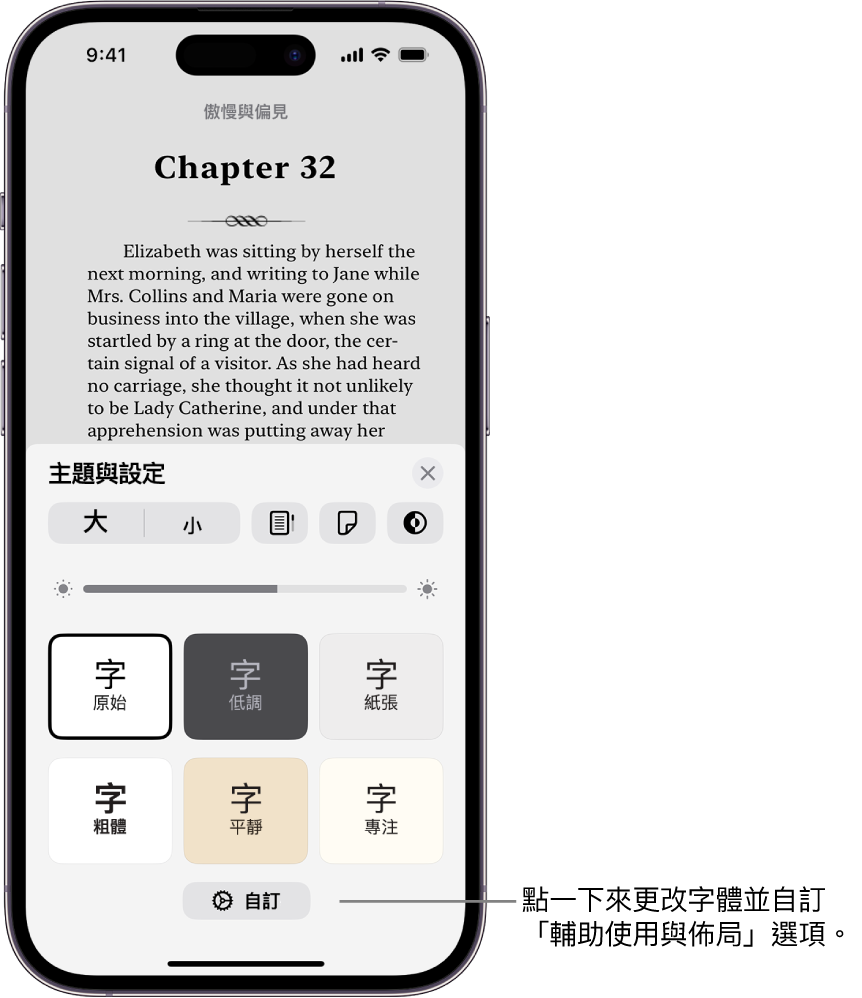 「書籍」App 中，書籍的頁面。「主題與設定」選項，顯示字體大小、捲動顯示方式、翻頁樣式、亮度和字體樣式的控制項目。