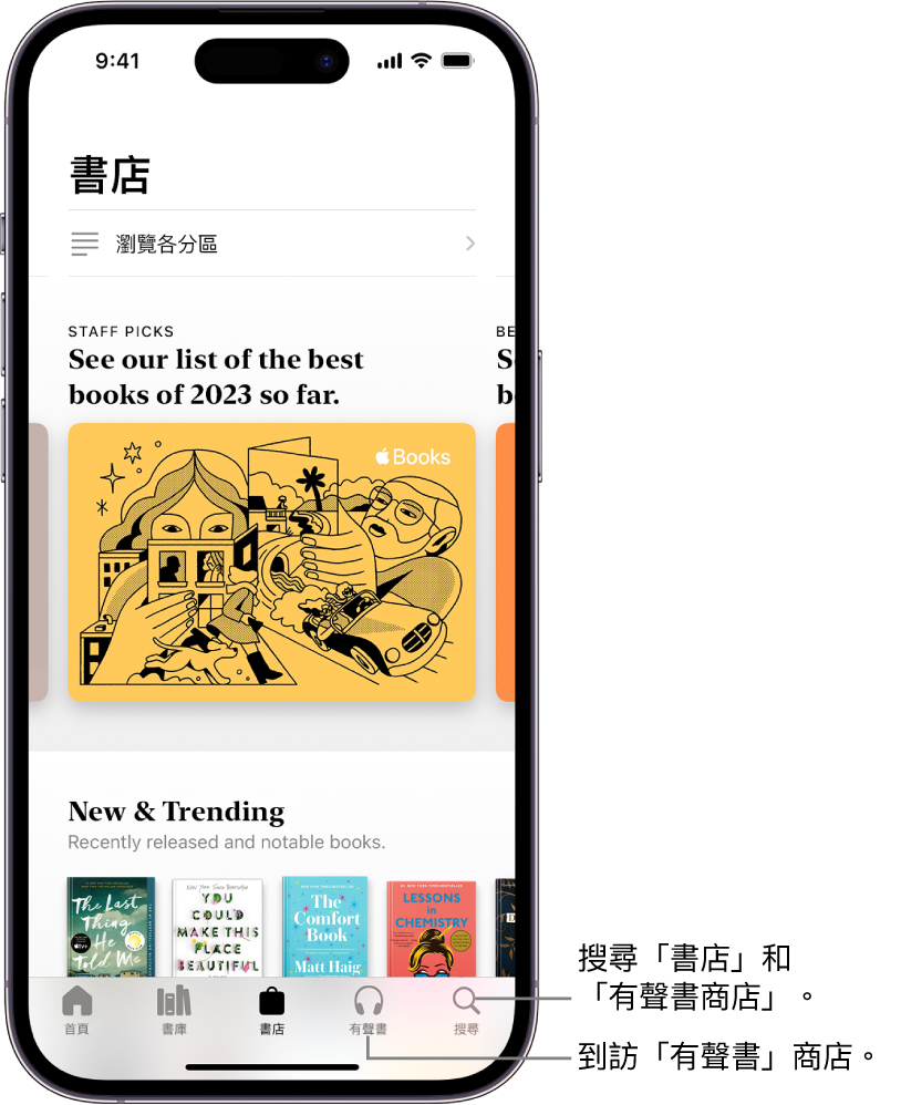 「書籍」App 中的「書店」畫面。在螢幕底部從左到右為「首頁」、「書庫」、「書店」、「有聲書」及「搜尋」分頁。已選取「書店」分頁。