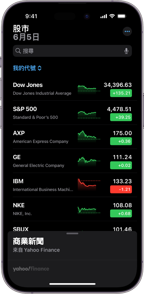 「股市」App 中的監察表顯示不同股票的列表。每一個顯示在列表的股票，由左到右，是股票代號和名稱、表現圖表及價格變化。螢幕最上方，「我的代號」監察表標題上方的是搜尋欄位。螢幕底部為「商業新聞」。在「財經新聞」向上掃來顯示報道。