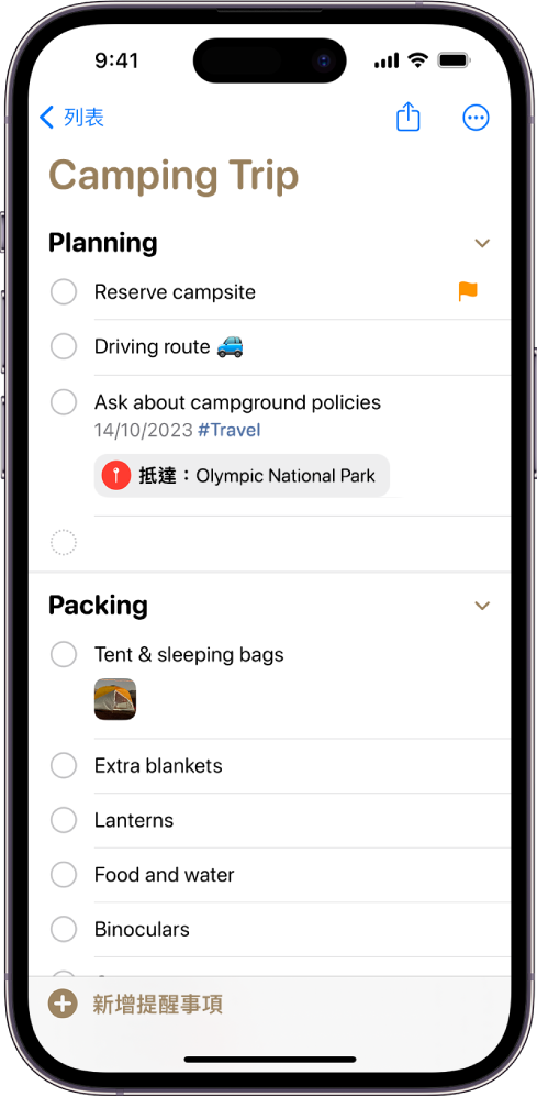 「提醒事項」中一個關於露營之旅的清單。部份項目帶有標籤、位置、旗標和相片。「新增提醒事項」按鈕位於左下方。