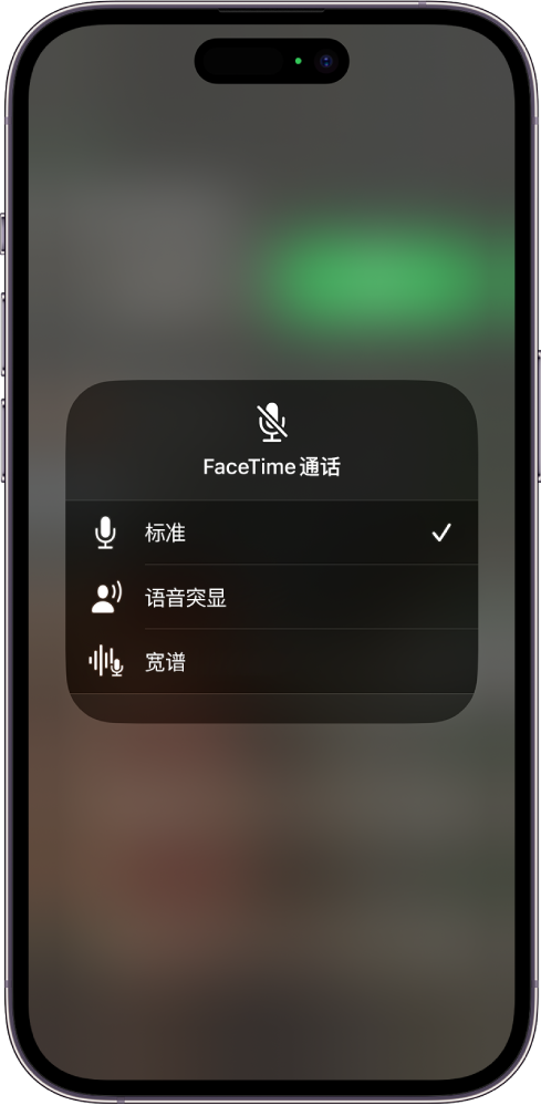控制中心中 FaceTime 通话的“麦克风模式”设置，显示“标准”、“语音突显”和“宽谱”音频设置。