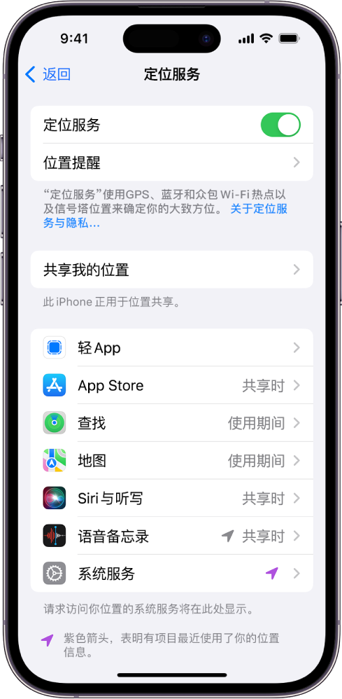 “定位服务”屏幕，显示用于共享 iPhone 位置的设置，包括单个 App 的自定义设置。