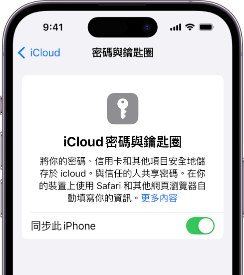 「iCloud 密碼和鑰匙圈」畫面，顯示同步此 iPhone 的設定。