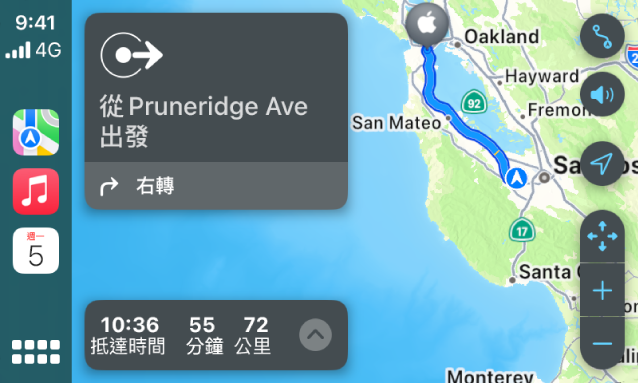 CarPlay 的側邊欄中顯示「地圖」、「音樂」和「行事曆」。右側顯示從 Apple Park 到 Apple Union Station 的導航路線。