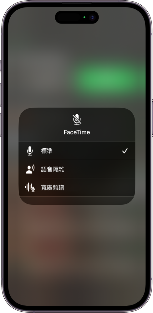 FaceTime 通話中「控制中心」的「麥克風模式」設定，顯示音訊設定「標準」、「語音隔離」和「寬廣頻譜」。