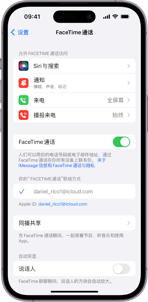 FaceTime 通话设置屏幕，显示打开或关闭 FaceTime 通话的开关，以及输入要用于 FaceTime 通话的 Apple ID 的栏位。