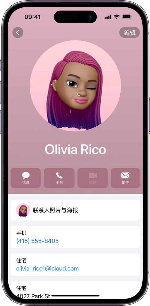 姓名为“刘梦”的联系人，联系人照片下方是称呼代词“她”和“她的”。其姓名下方是用于发送信息、呼叫、发送邮件和使用 Apple Pay 的按钮。屏幕底部是联系人的手机号码和电子邮件地址。