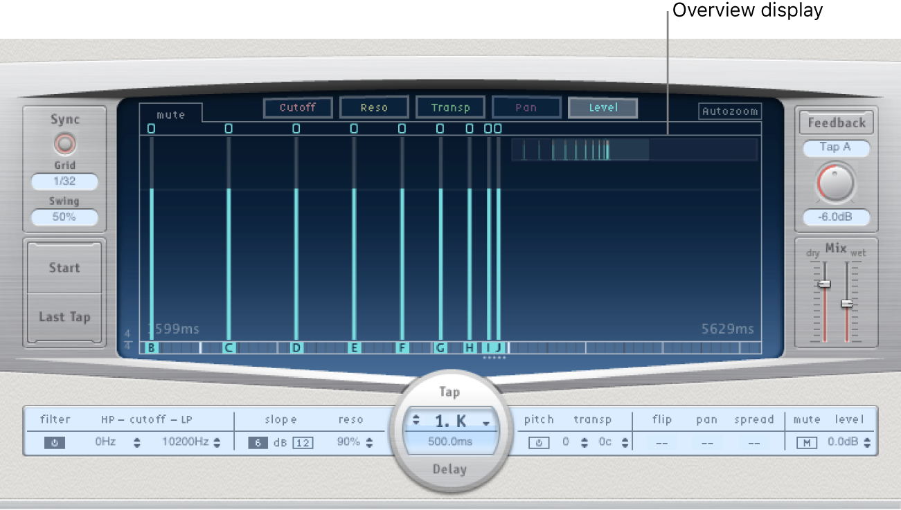 Delay Designer Tap 디스플레이의 오른쪽 상단 모서리에 있는 개요 디스플레이.