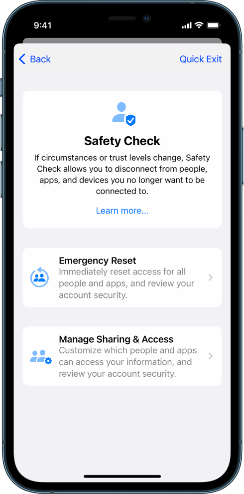 An iPhone showing the Safety Check screen.