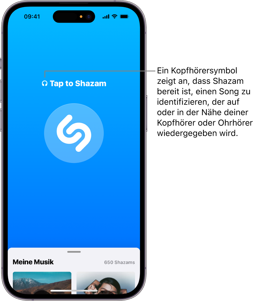 Die App „Shazam“ mit verbundenen Kopfhörern