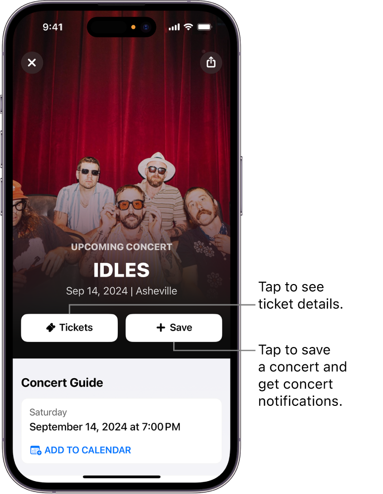 Shazam Concert Guide showing the Tickets and Save buttons and an upcoming concert date for the artist Victoria Monet