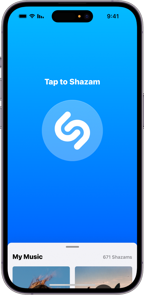 המסך הראשי של היישום Shazam עם הכפתור של Shazam