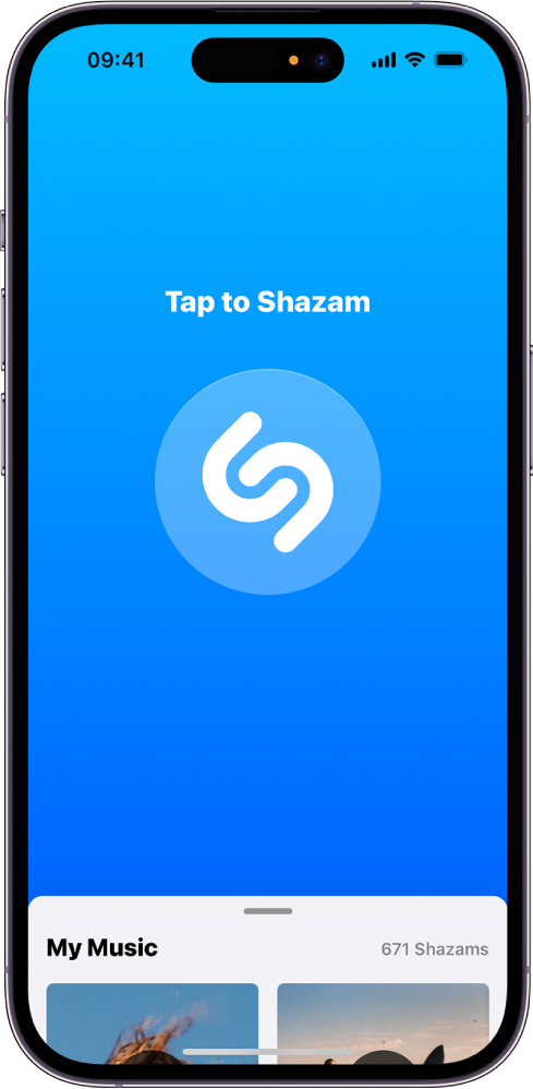 Hovedskjermen med Shazam-knappen i Shazam-appen