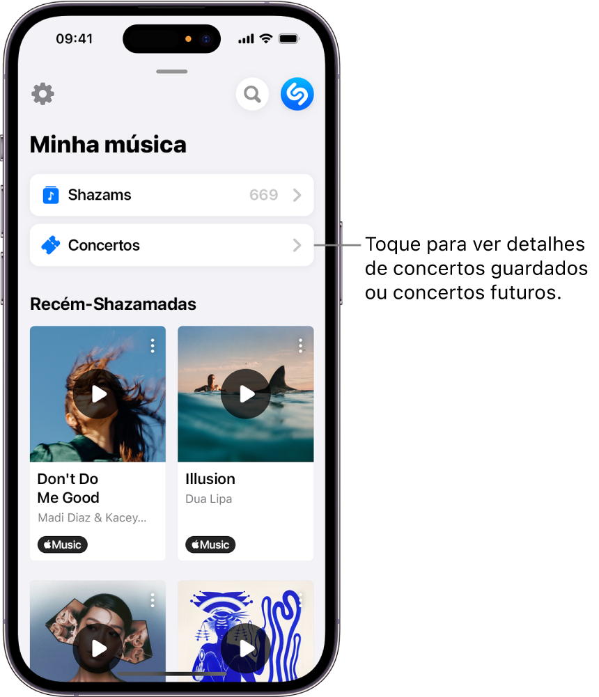A página “Minha música” da aplicação Shazam a mostrar o botão Concertos