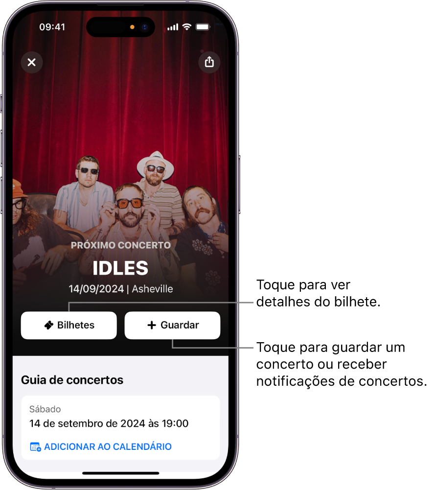 O Guia de concertos do Shazam a mostrar os botões “Bilhetes” e “Guardar” e a data de um concerto futuro da intérprete Victoria Monet