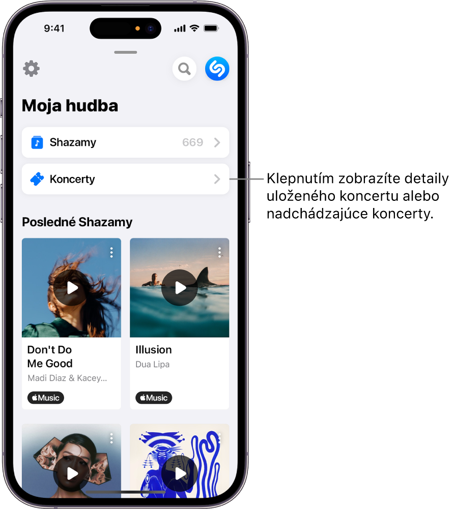 Stránka Moja hudba v Shazame s tlačidlom Koncerty