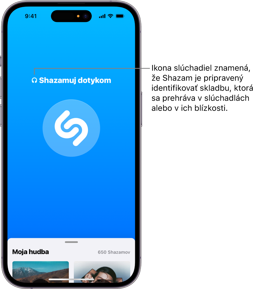 Apka Shazam zobrazujúca pripojené veľké slúchadlá