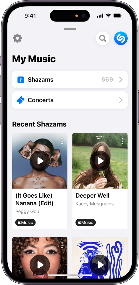 「我的音樂」畫面顯示一組使用 Auto Shazam 識別的歌曲