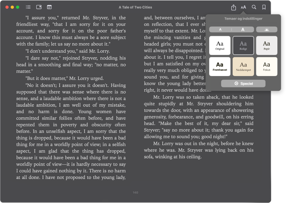 En bog med et tilpasset udseende og menuen Udseende, der viser den valgte tekststørrelse, baggrundsfarve og skrift.