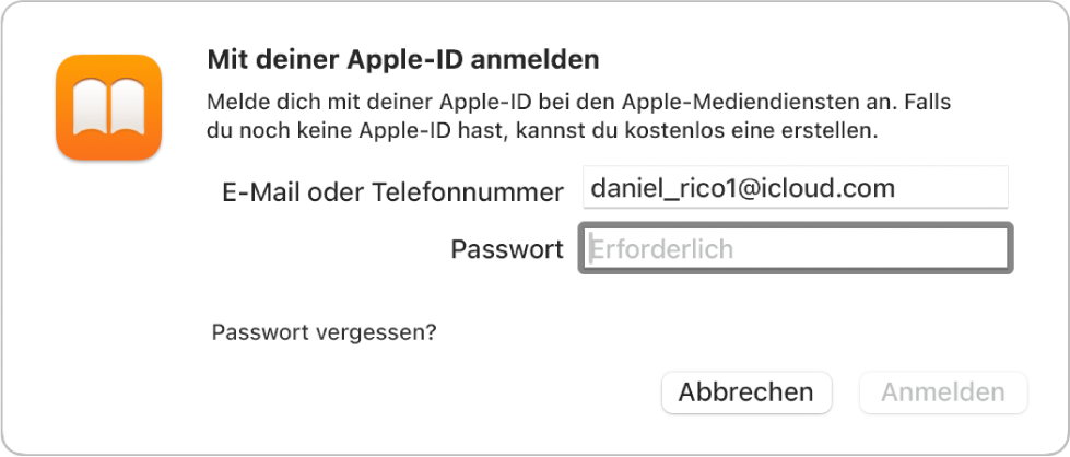 Das Dialogfenster zum Anmelden bei Apple Books mit einer Apple-ID und einem Passwort