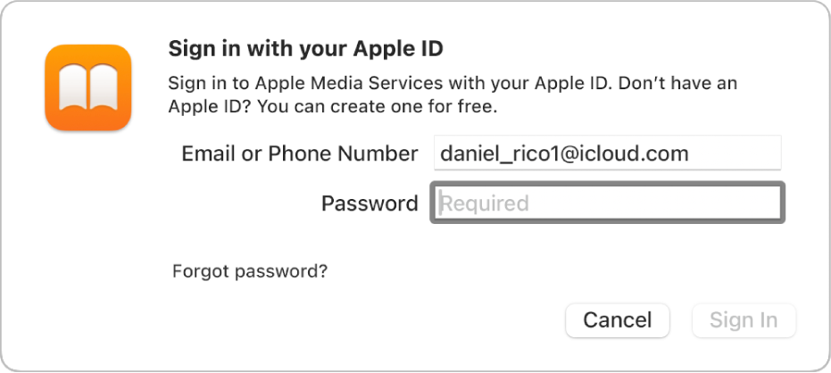 The dialogue to sign in to Apple Books using an Apple ID and password.