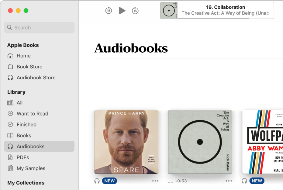 The audiobook player. Along the top are the player’s controls, a thumbnail of the audiobook’s cover, and the audiobook’s title and author. Below is the Audiobooks collection in the library.