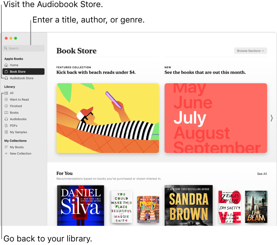 The main window of the Book Store. On the left is the sidebar. The search field, which you can use to search for books and audiobooks, is at the top of the sidebar.
