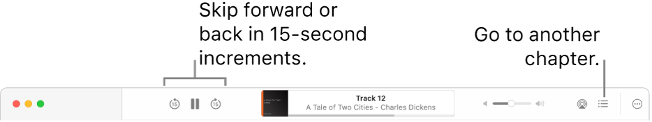 The audiobook player in Apple Books showing, from left to right, the Playback Speed button, the Skip Forward, Pause and Skip Back buttons, the title and author of the currently playing audiobook, the Volume slider, the AirPlay button, the Table of Contents button, and the More button.