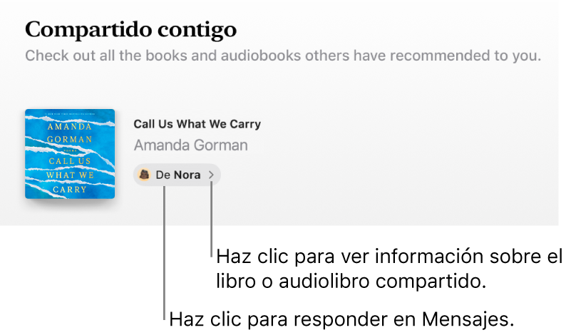 Una pantalla donde se ve un libro en la sección “Compartido contigo”.