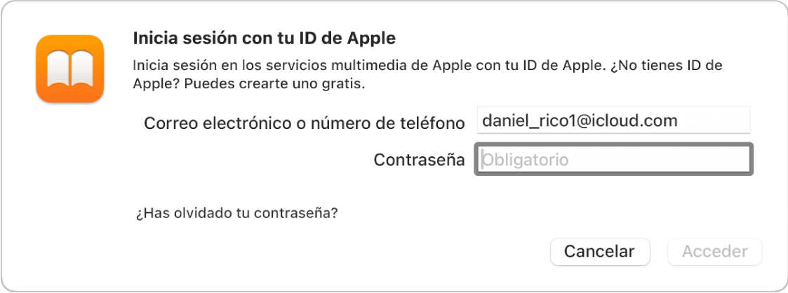 El cuadro de diálogo para iniciar sesión en Apple Books con el ID de Apple y la contraseña.