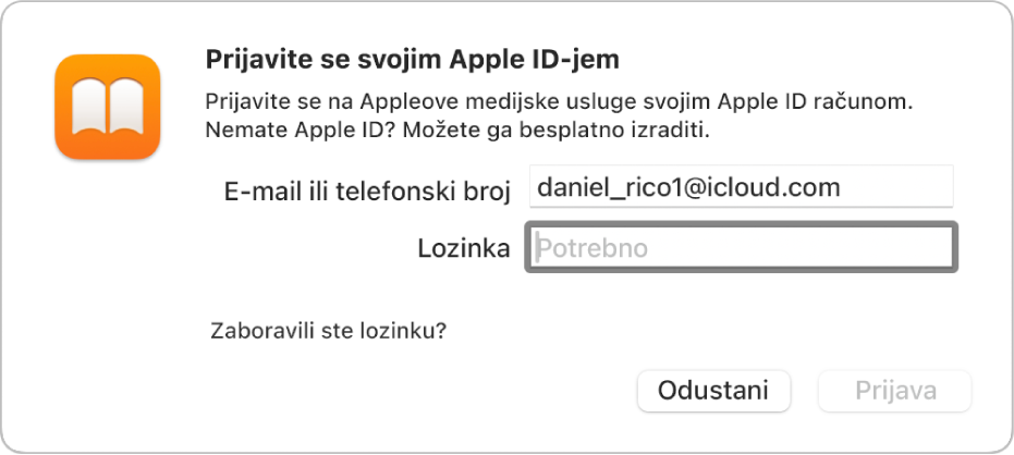 Dijaloški okvir za prijavu u aplikaciju Knjige pomoću Apple ID-ja i lozinke.