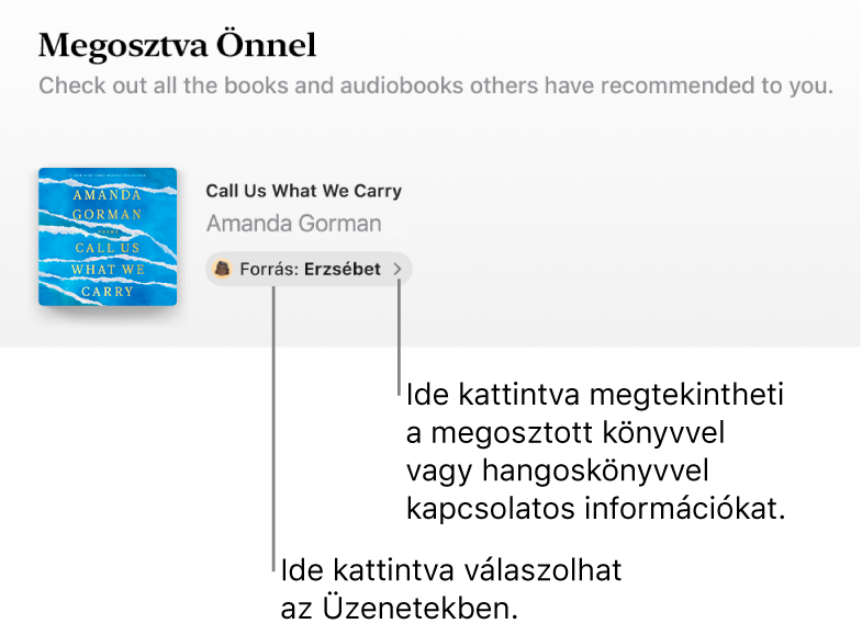 Egy képernyő, amelyen egy könyv látható az Önnel megosztva szakaszban.
