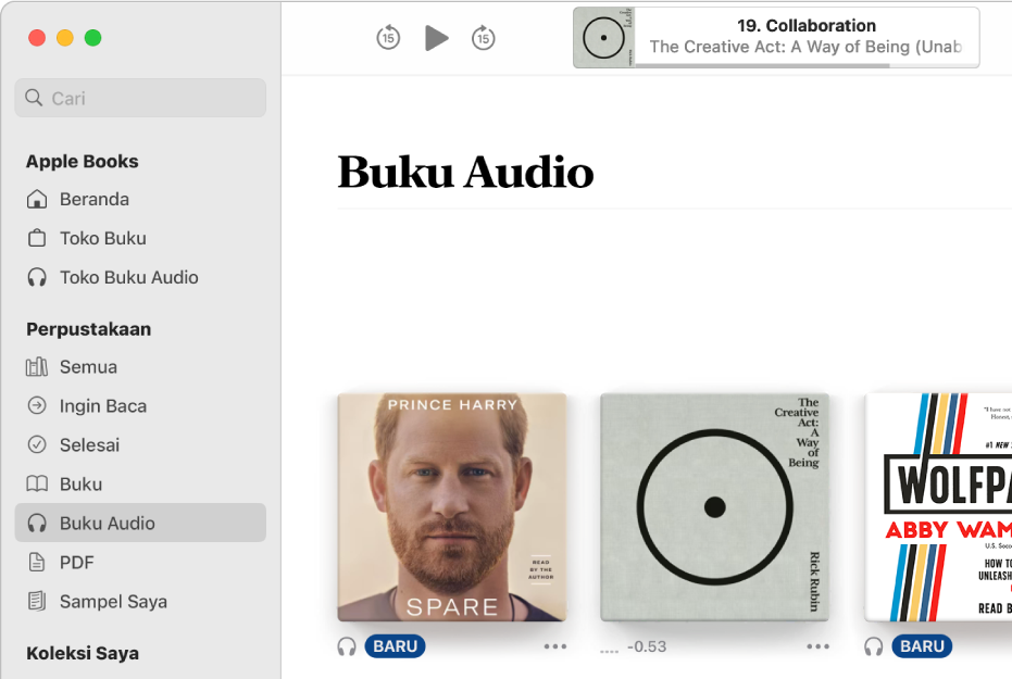 Pemutar buku audio. Di sepanjang bagian atas terdapat kontrol pemutar, gambar mini sampul buku audio, dan judul serta penulis buku audio. Di bawahnya terdapat koleksi Buku Audio di perpustakaan.