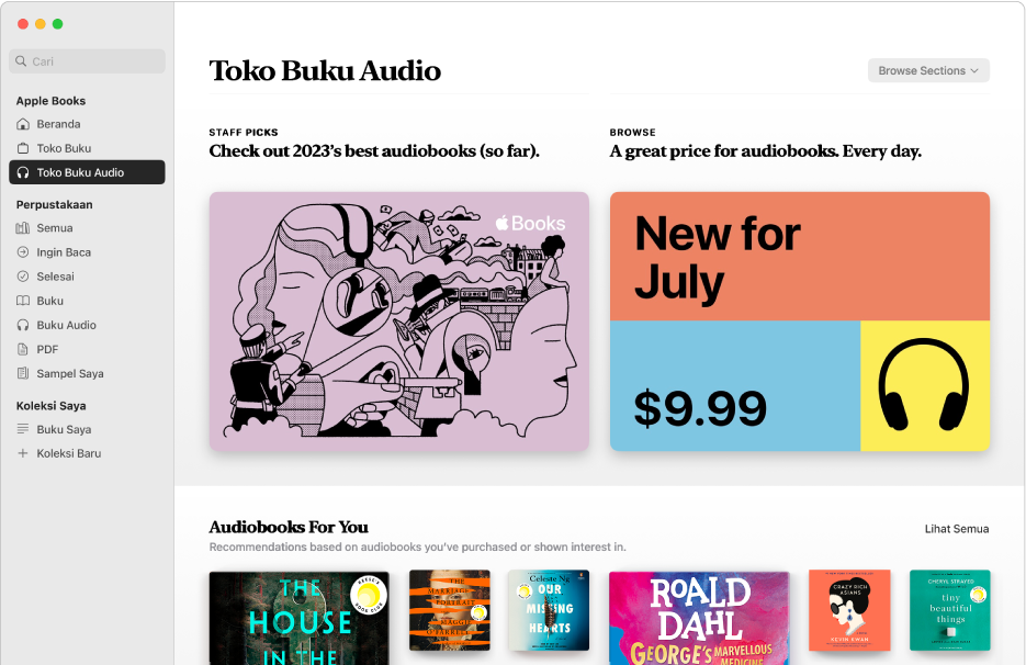 Jendela utama Toko Buku Audio, menampilkan pilihan staf dan buku audio dengan harga khusus.