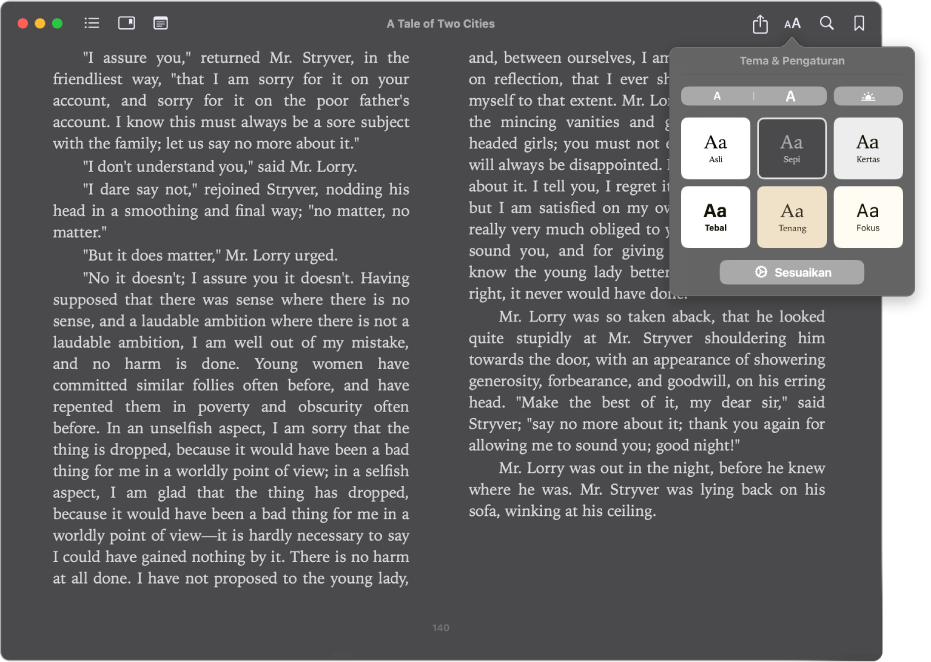 Buku dengan tampilan yang disesuaikan dan menu Tampilan menampilkan ukuran teks, warna latar belakang, dan font yang dipilih.