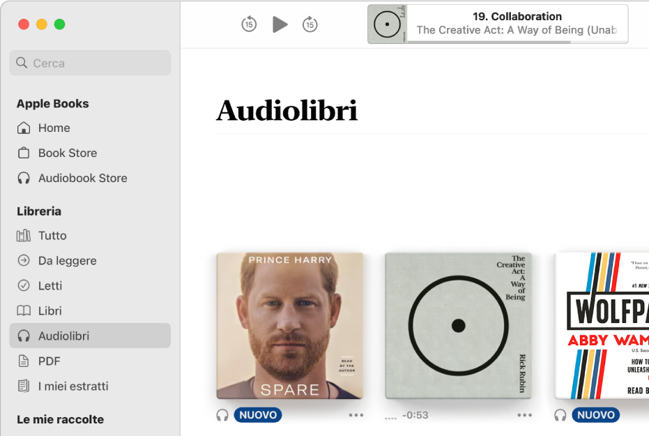 Il riproduttore di audiolibri. Nella parte superiore sono disponibili i controlli di riproduzione, una miniatura della copertina dell’audiolibro e il titolo e l’autore dell’audiolibro. Al di sotto, è visualizzata la collezione Audiolibri nella libreria.