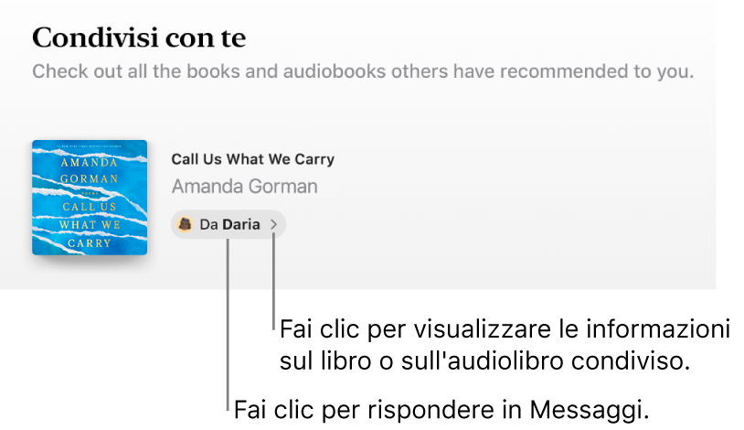 Una schermata che mostra un libro nella sezione “Condivisi con te”.