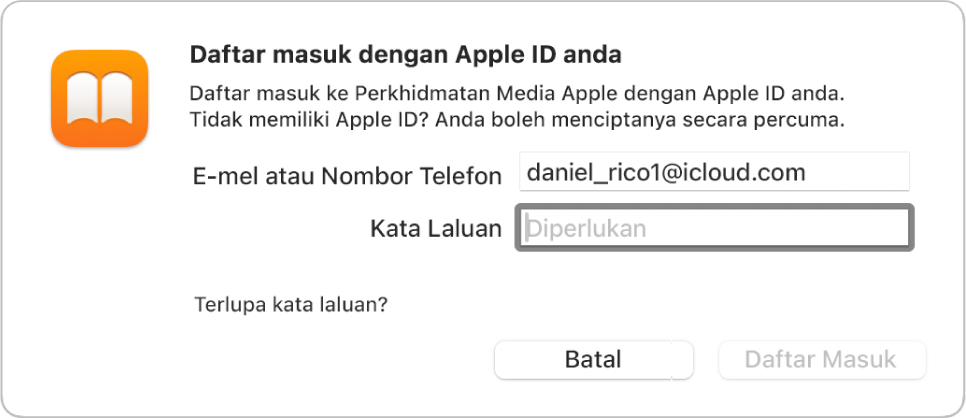 Dialog untuk mendaftar masuk ke Apple Books menggunakan Apple ID dan kata laluan.