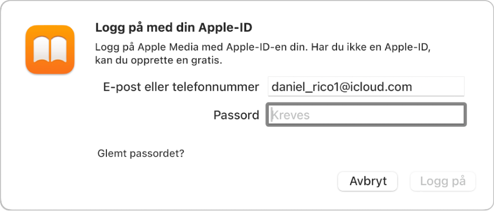 Dialogruten for pålogging til Apple Books med Apple-ID og et passord.