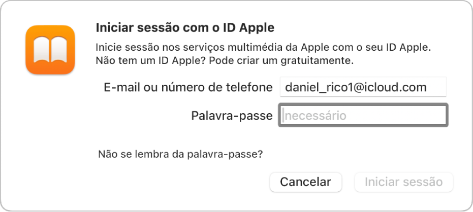 A caixa de diálogo para iniciar sessão em Apple Books com um ID Apple e palavra‑passe.