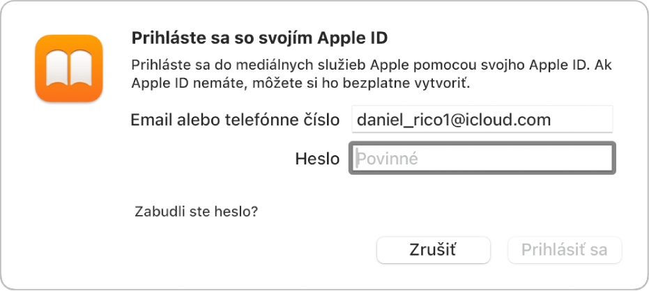 Dialógové okno na prihlásenie do Apple Books pomocou Apple ID a hesla.