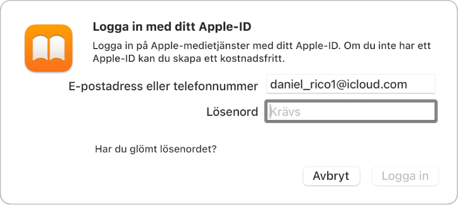 Dialogrutan för inloggning på Apple Books med ett Apple‑ID och lösenord.