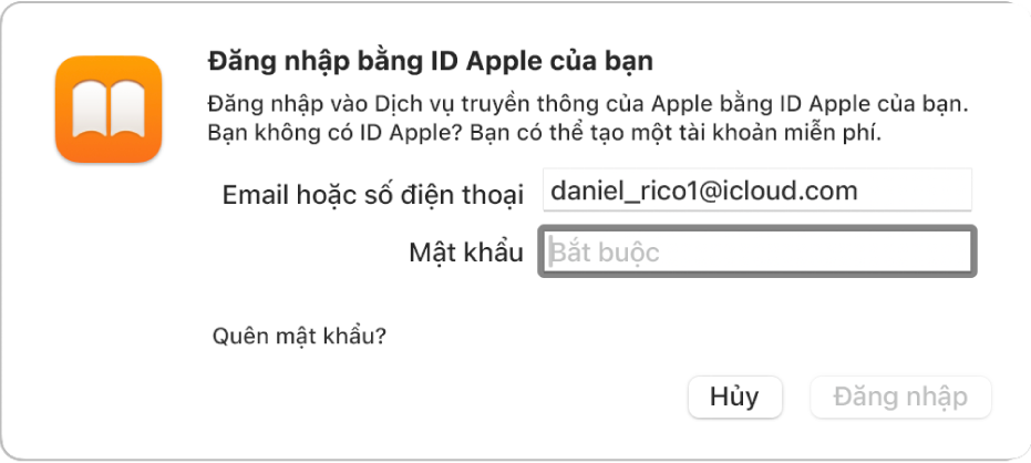 Hộp thoại để đăng nhập vào Sách bằng ID Apple và mật khẩu.